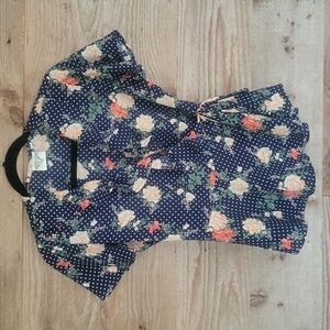 Navy Blue and Floral Faux Wrap Top Size Medium